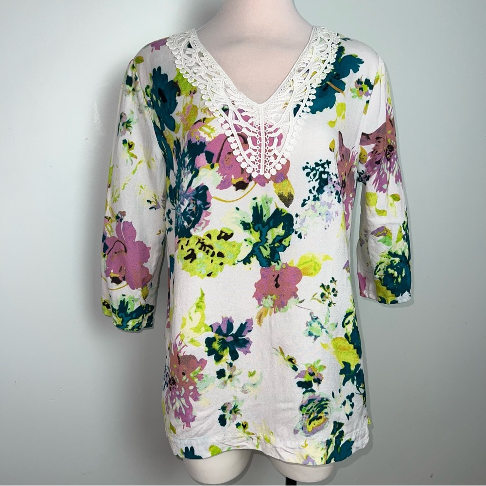 Premise Floral Crochet Lace V-Neck Blouse Women’s Large White Multicolor Boho